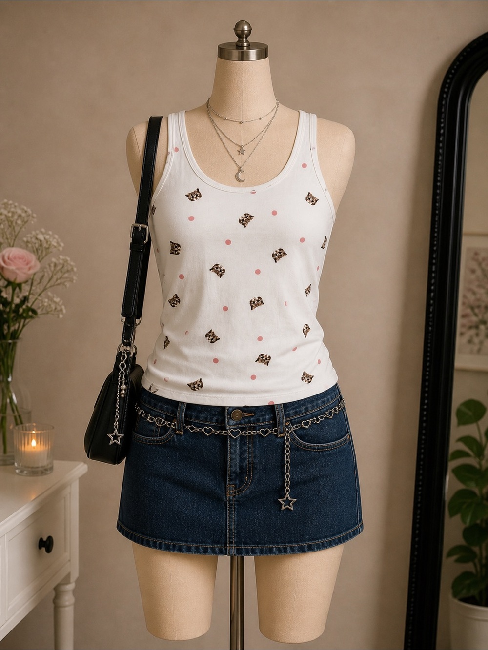 No Boundaries cat print tank top white pink polka dot size S cute Y2K